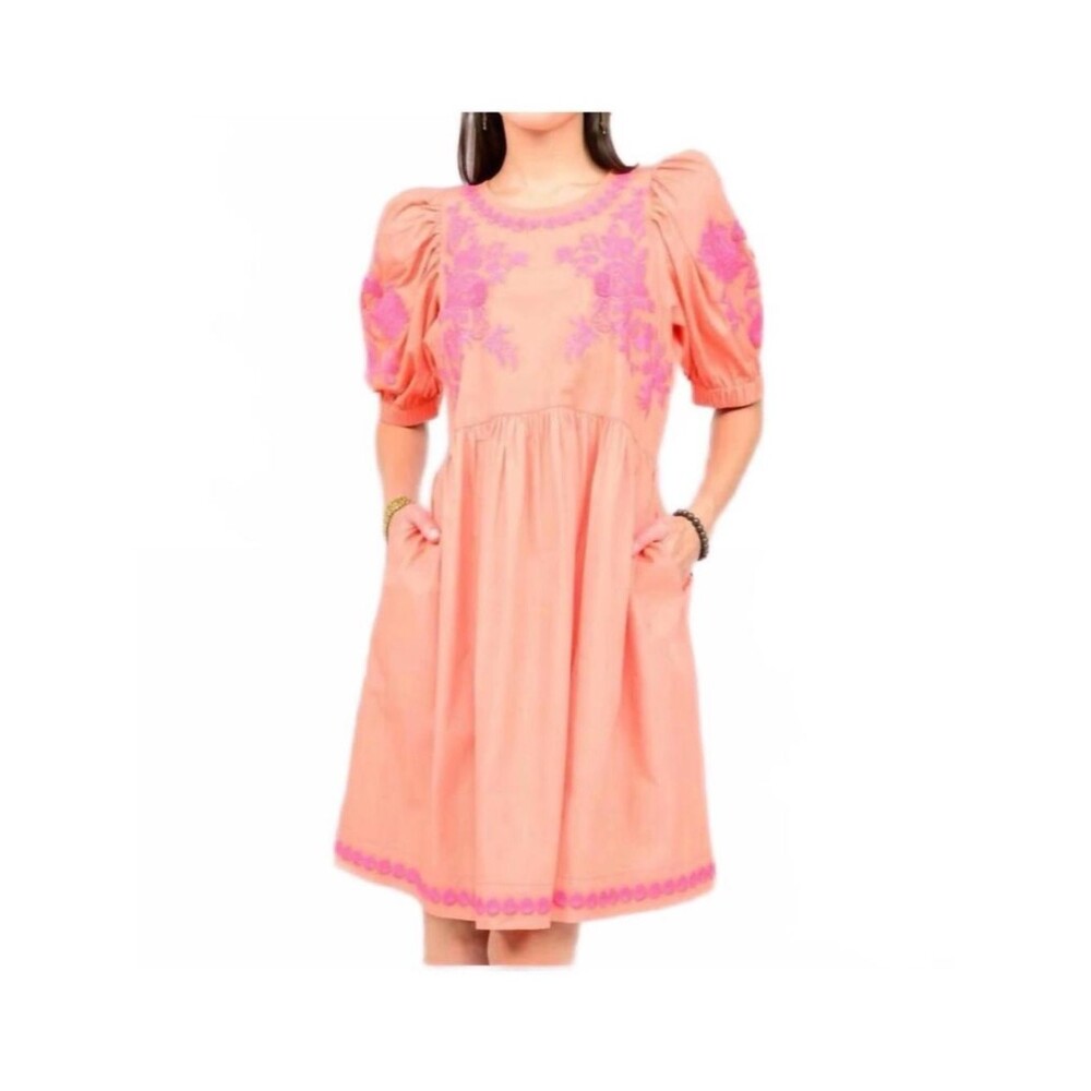 SISTER MARY Lorena Embroidered Dress in Coral Small